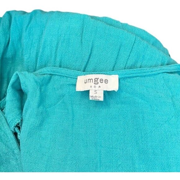 Umgee Small Linen Blend Teal Raw Hem Sleeveless Blouse Side Slits Relaxed Top - Picture 5 of 6